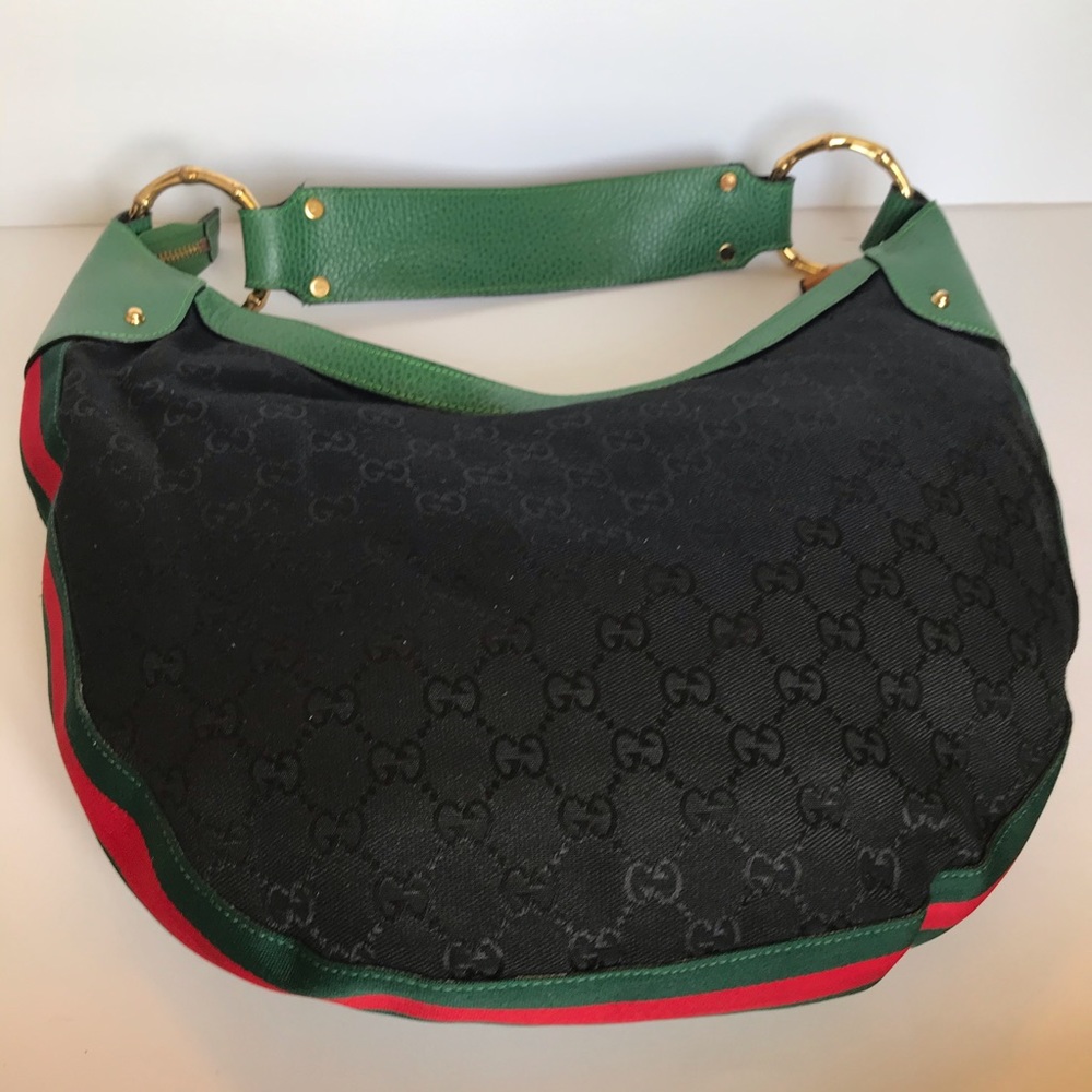 Gucci hobo black logo fabric with green leather